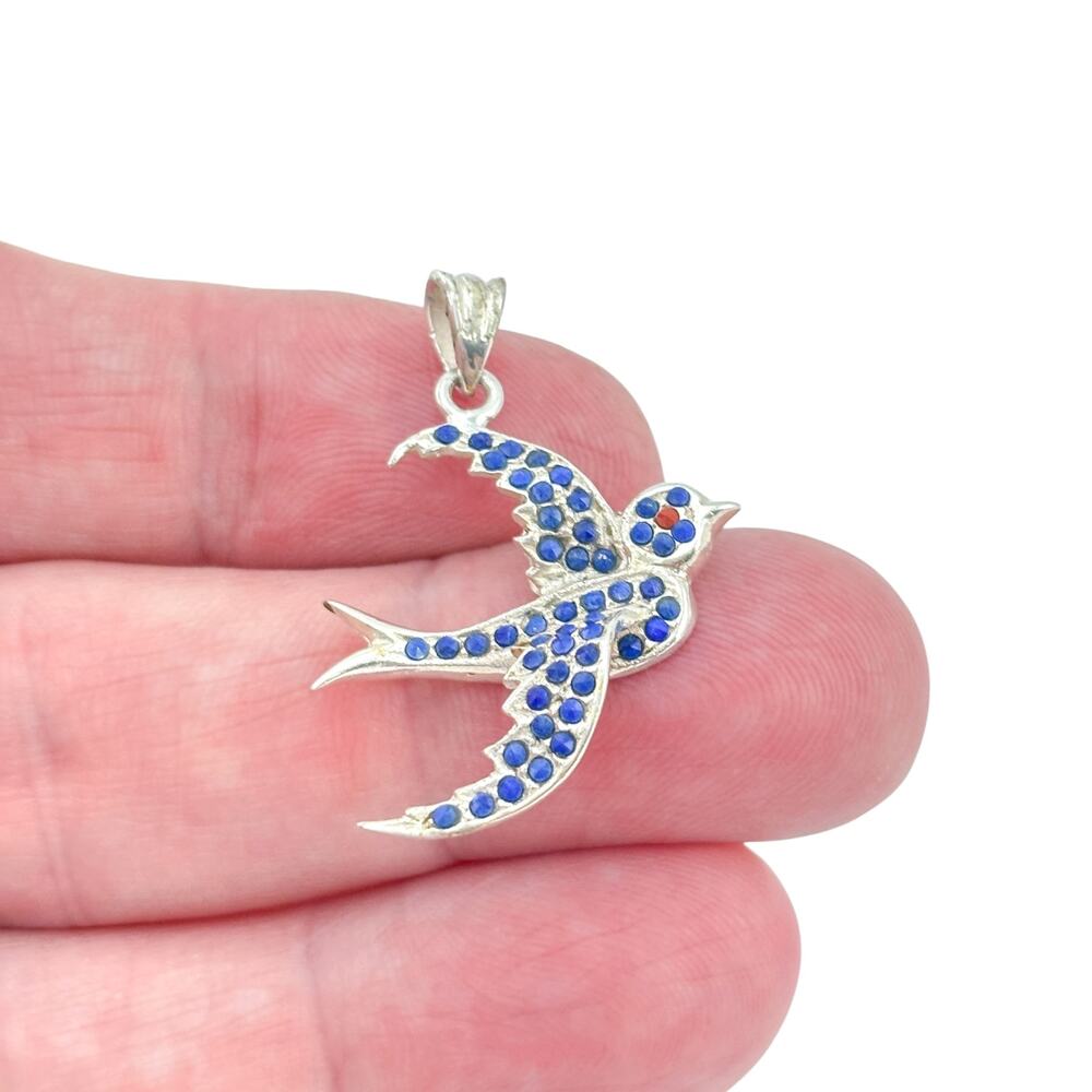 Vintage Sterling Silver 925 Blue Crystal Swallow Bird Pendant